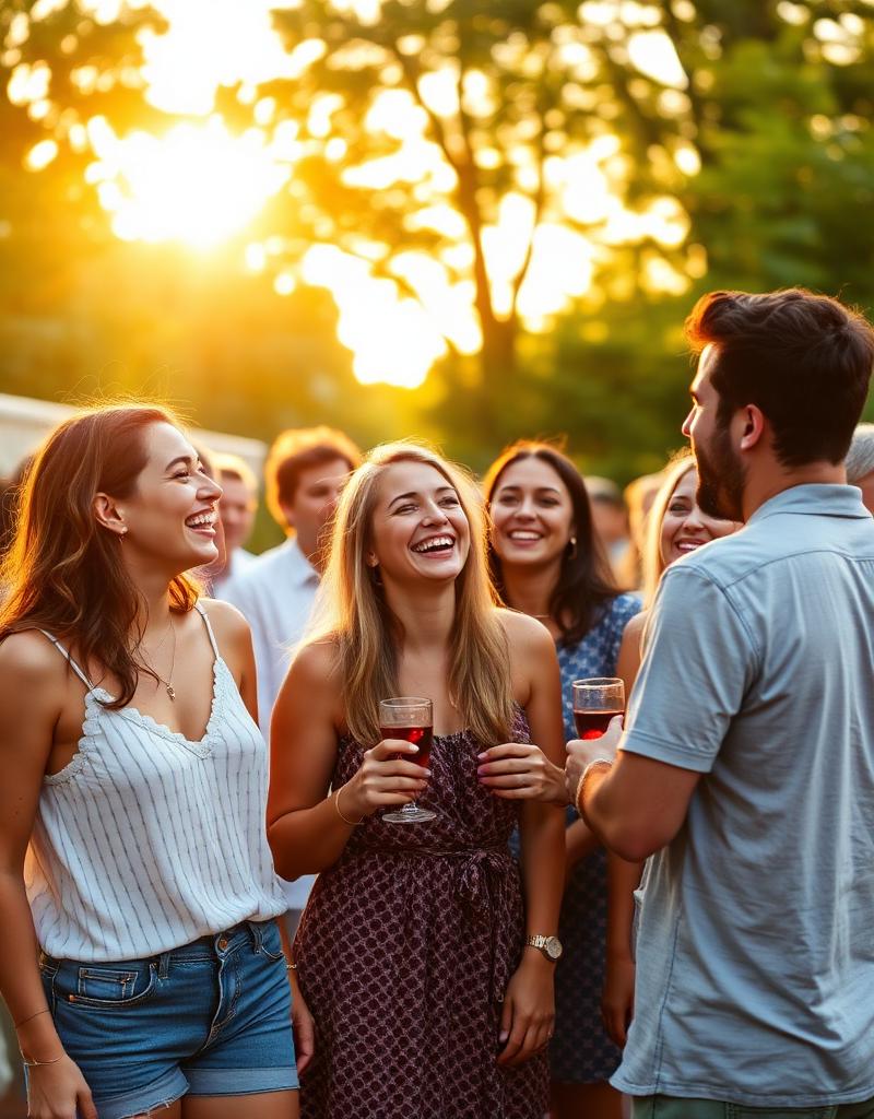 Friends laughing together outdoors at golden hour